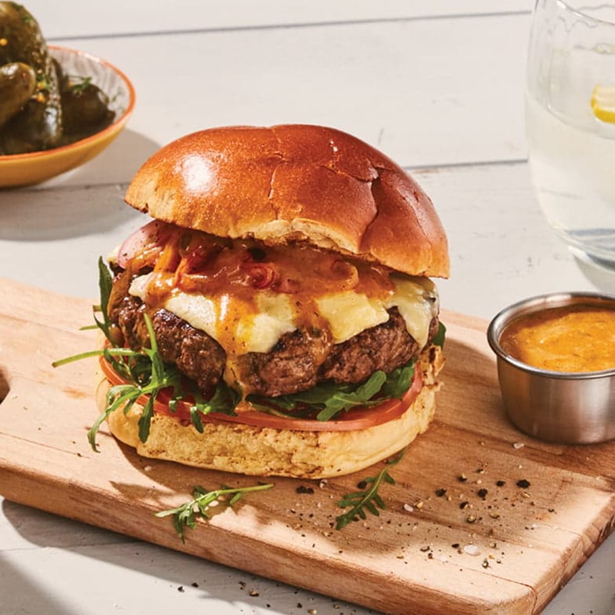 Freshly grilled gourmet burger stacked with juicy beef, melted cheese, and crisp toppings served at Mahony’s Steak House Bishopbriggs.